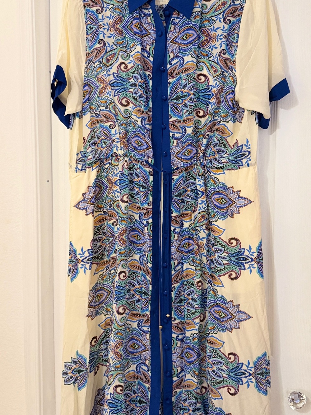 Johnny Was Cream Maxi Dress with Royal Blue Paisley Accents